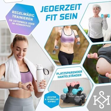 Набір гантелей KESSER® 12 кг з підставкою, 3 пари (1-5 кг), нековзкий неопрен, з інструкцією та фітнес-гумками