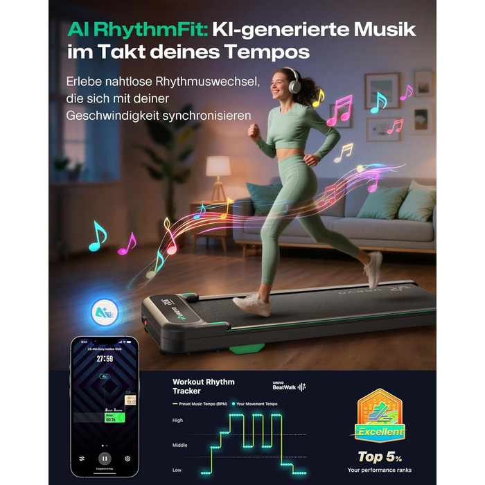 UREVO Smart Walking Pad: компактний біговий килимок під стіл з амортизацією, керування через додаток та пультом, 38x102 см