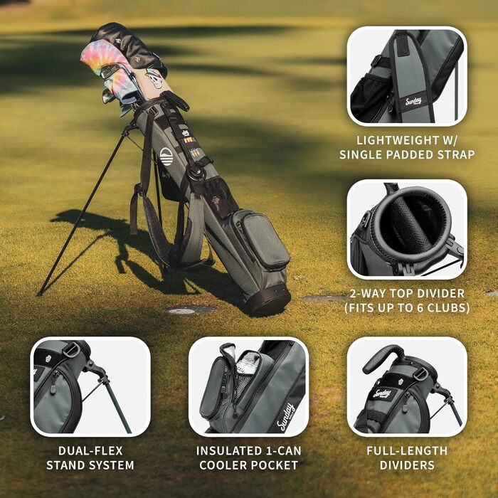 Гольф сумка Sunday Loma: легка, з ременем та стійкою – для пітч-н-пут, Par 3 та Executive курсів, сіра