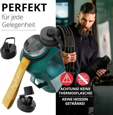 Спортивна пляшка BeMaxx ACTIVE FLASK 1,3 л з нержавіючої сталі, 3 кришки, трубочка, BPA-free, герметична, для води, газованих напоїв, для спорту, фітнесу, туризму