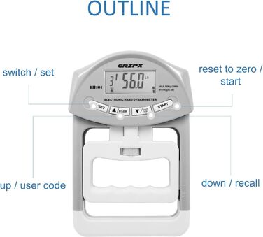 Цифровий динамометр GRIPX для вимірювання сили хвата, автоматичний, 90 кг / 198 lbs (сірий)