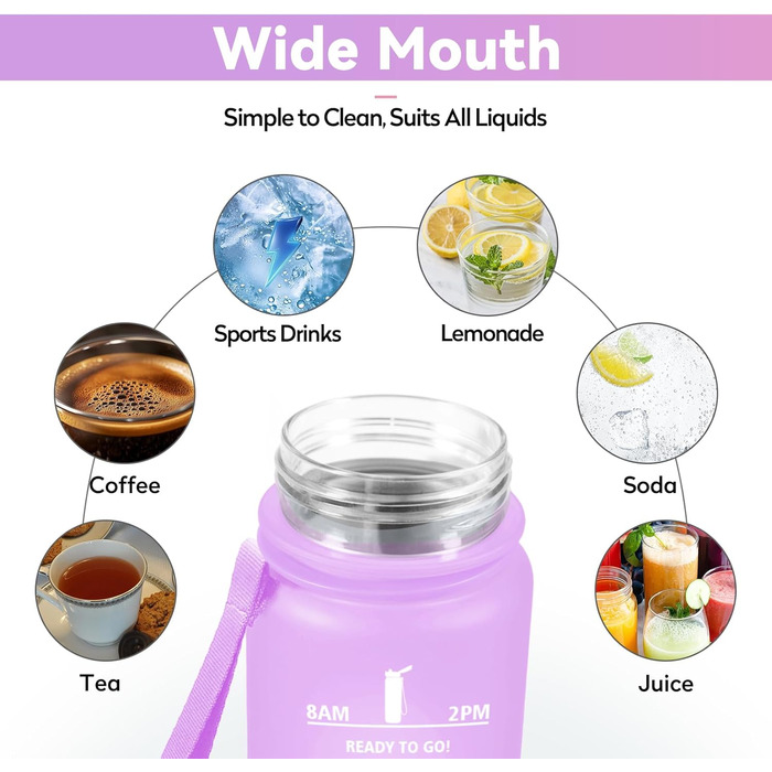 Спортивна пляшка 1л з позначенням часу, фільтром, для води з газом, без витоку. Підходить для велосипеда, бігу, дорослих. Колір: лавандово-рожевий