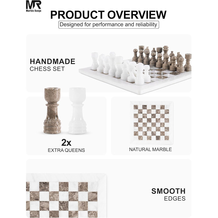 Шаховий набір з мармуру для дорослих, ручної роботи, 32 фігури, 2 додаткові королеви, коробка для зберігання, подарунок, декор (Кораловий & Темно-коричневий) (Білий & Океанічний)