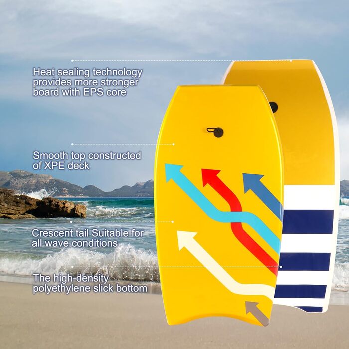 Плавальна дошка Bodyboard з дизайном стріли, портативна дошка для бодіборду для дорослих із ремінцем для руки, високою вантажопідйомністю, XPE-покриттям і півмісяцевим хвостом, багатостріловий візерунок
