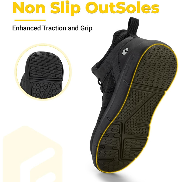 Черевики безпеки FitVille для чоловіків, X-широкі, з металевим носком, легкі, дихаючі, антипрокольні, протиковзкі, чорні, 47 EU