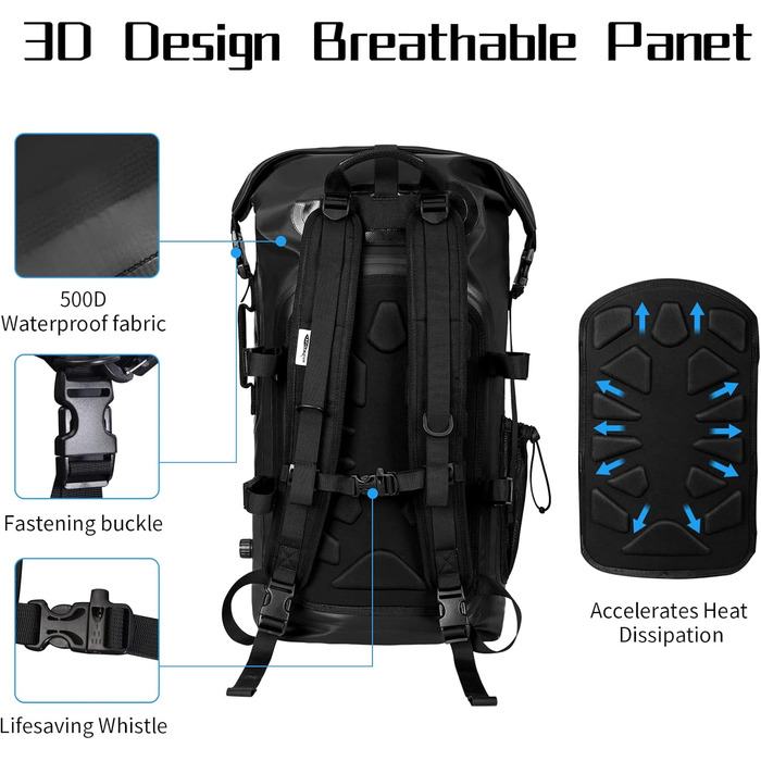 Водонепроникний рюкзак 35L для каякінгу, рафтингу та пляжу (Чорний)