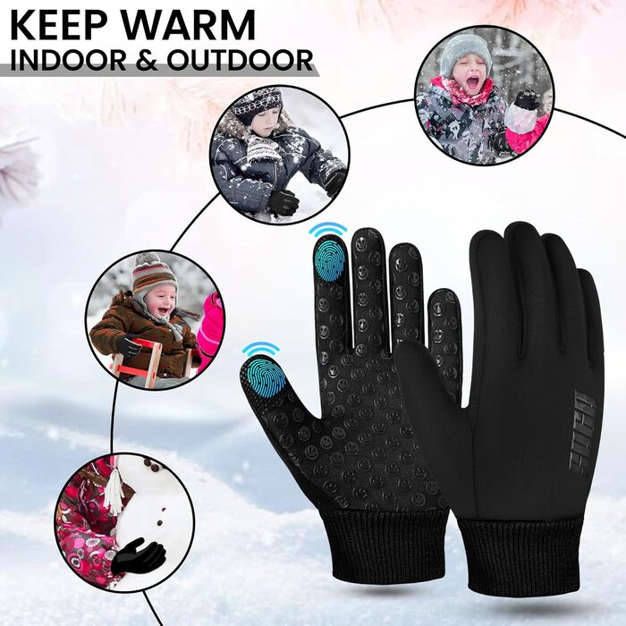 Водонепроникні дитячі велосипедні рукавички для хлопчиків та дівчаток, рукавички з підтримкою сенсорного екрану для дітей 4-12 років, неслизькі та теплі, спортивні рукавички Softshell для дітей (Large [8-10], Чорний)