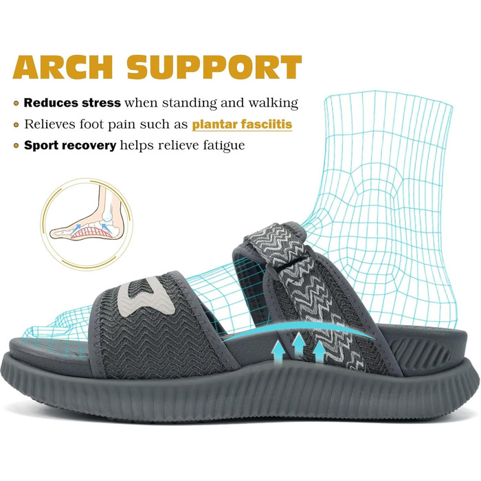 Спортивні сандалі KuaiLu жіночі з м'якою устілкою, ортопедичні для підтримки підошви, літні відкриті босоніжки для активного відпочинку та прогулянок (Сірі, 39 EU)
