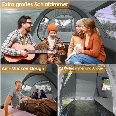 Намет для кемпінгу на 4 особи: водонепроникний тунельний намет для сім'ї та групи, з шатром для сну, сірий