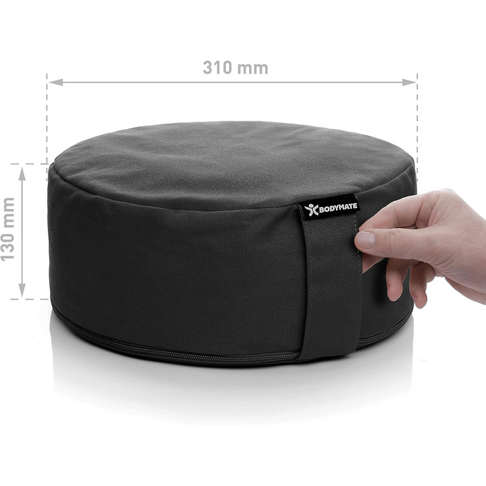 Йога подушка BODYMATE кругла 31см, 13см, з наповнювачем з лушпини гречаної, знімний чохол 100% бавовна, для медитації та сидіння, чорна