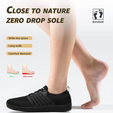 ASHION Взуття для ходьби та бігу без шкарпеток (унісекс), широка модель, чорний колір, 41 EU