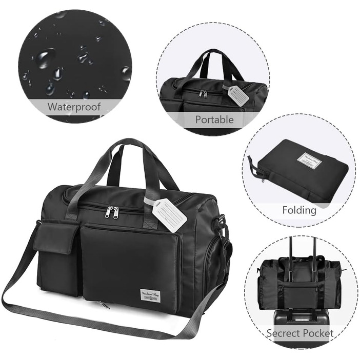 Складана дорожня сумка Flintronic 36L, велика водонепроникна сумка для подорожей, вікенду та спорту для чоловіків і жінок, сіра (з багажним біркою)