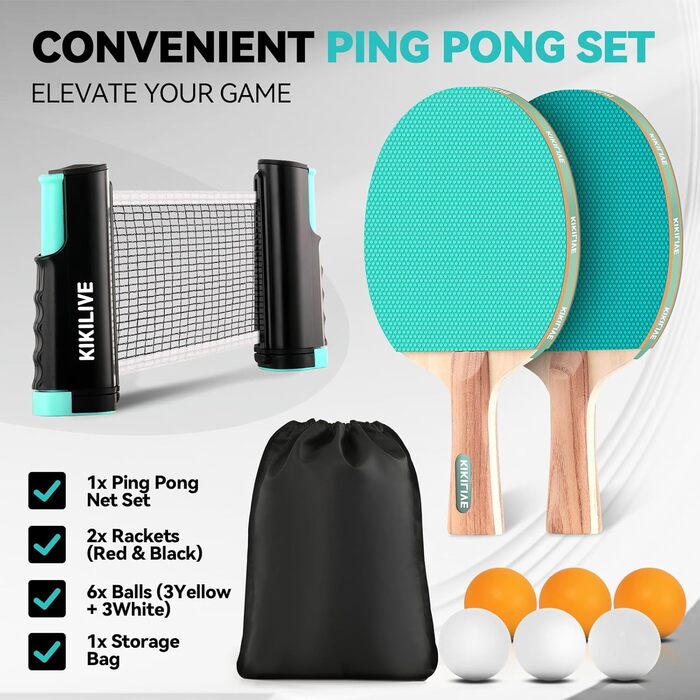 Набір для пінг-понгу для 2 гравців – 2 ракетки, сітка, 6 м'ячів – для гри в приміщенні та на вулиці, блакитний/зелений