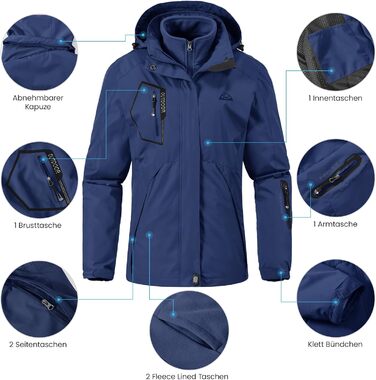 Жіноча зимова куртка 3-в-1 з флісовою підкладкою та водонепроникною вітрозахисною курткою, знімний капюшон (Синій, XXL)