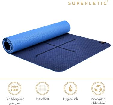 SUPERLETIC Фітнес-мат для йоги та гімнастики, 0,8/1/1,5 см, нековзкий, з ременем, гіпоалергенний, для спорту, пілатесу, чорний або зелений