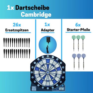 Електронна дартс-мішень Best Sporting Cambridge з LED-підсвіткою, автоматичний дартс з 6 дротиками, адаптером живлення, багатобарвна, розмір M