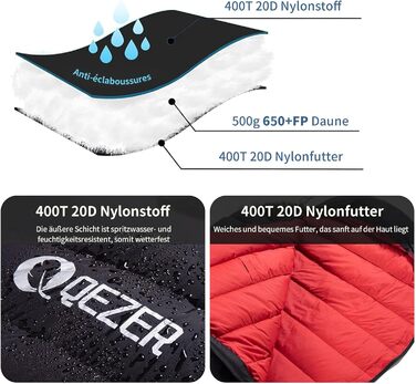 Спальний мішок для дорослих та дітей, зимовий, легкий, Outdoor 8°C ~ -30°C, для кемпінгу та альпінізму, 650 FP гусячий пух, 500г, чорний