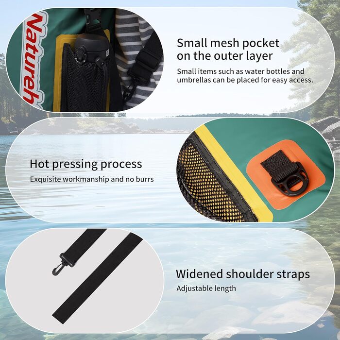 Водонепроникний рюкзак Naturehike Dry Bag 25L – 15L/10L, для каякінгу, риболовлі, рафтингу, плавання, сноубордингу (зелений)
