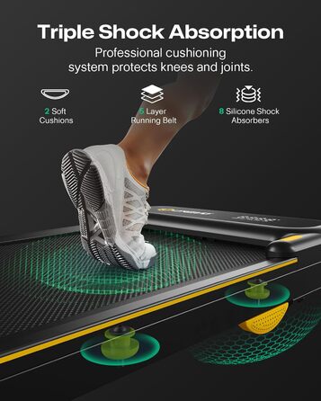Біговий тренажер UREVO 2 в 1 з SmartCoach App, Walking pad з подвійною амортизацією, біговий доріжка з пультом керування та LED-дисплеєм, чорний та світло-жовтий, з APP