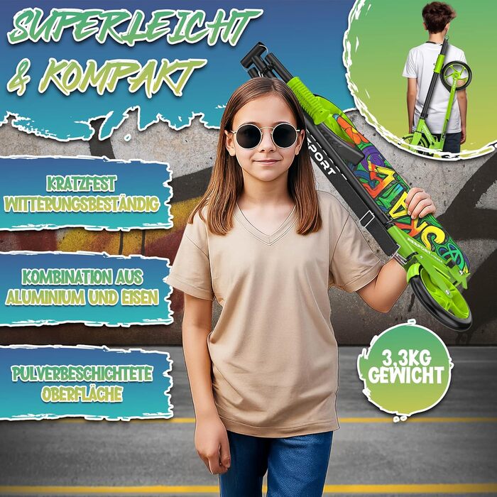 Дитячий та дорослий трюковий самокат Cityroller з дзвіночком та ременем | Регульована висота, складний, до 100 кг | Великі колеса, Kickscooter, Kickroller (Зелений)