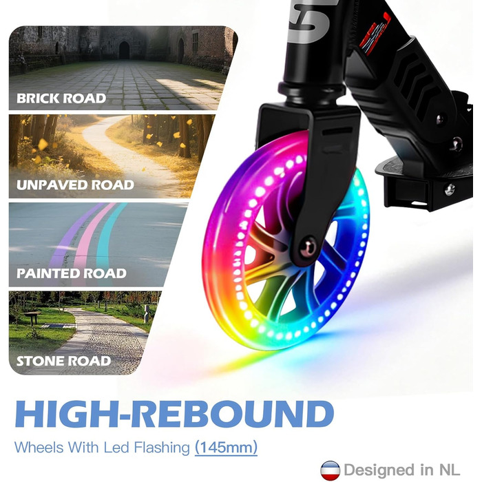 Самокат дитячий SUOTU з колесами 145 мм, до 100 кг, світлодіодами, складаний, регульована висота, для хлопчиків та дівчаток, алюмінієвий, чорний