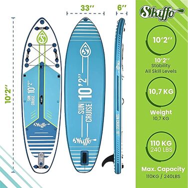 SUP дошка Skiffo Sun Cruise 10'2 – надувна, комплект з веслом, лішем та насосом, 284 л, 310 x 84 x 15 см