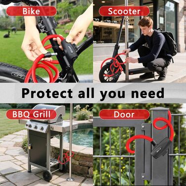 Замок для велосипеда 120см/12мм, високий рівень безпеки, кабельне spiralkabelschloss, 2 ключі, захист від крадіжки для велосипеда, триколісного велосипеда, мотоцикла, скутера (червоний)