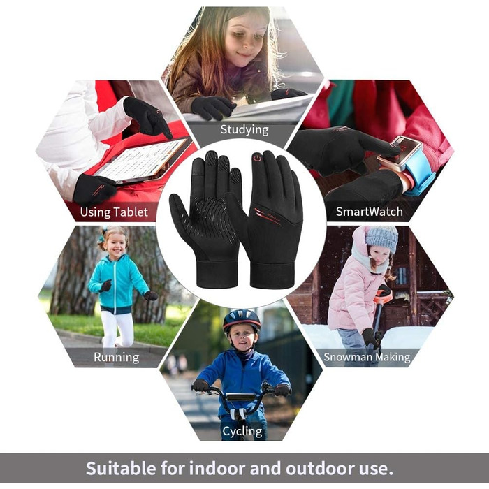 Дитячі рукавички EEFOW для зими: теплі флісові рукавички з сенсорним екраном для велосипеда, бігу та прогулянок (для хлопчиків та дівчаток 4-12 років, чорні та сині/червоні)