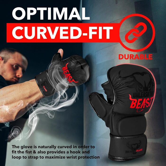 MMA рукавички BEAST RAGE для чоловіків та жінок, регульована підтримка зап'ястя, відкрита долоня, рукавички для бойових мистецтв, греплінг, спаринг, муай-тай, кікбоксинг, Taekwondo (L-XL, Червоні)