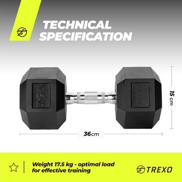 Гантеля TREXO Hex 17,5 кг, гексагональна, гумована, чавунна, для силових тренувань вдома, ергономічна ручка, міцна, універсальна