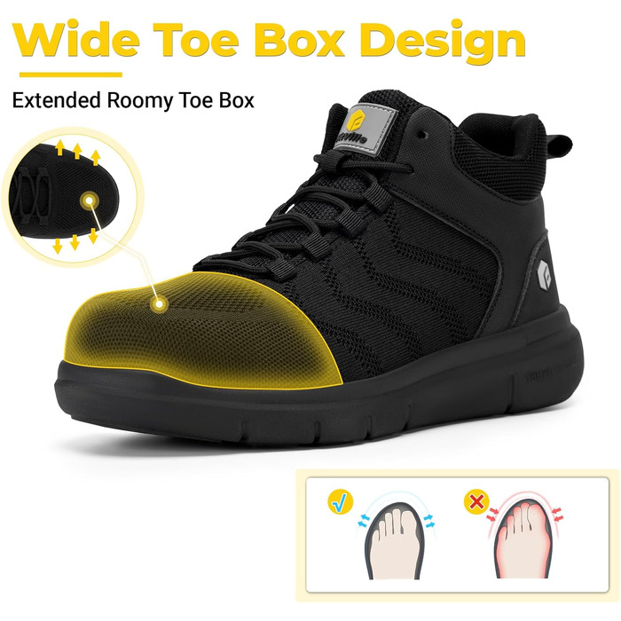 Черевики безпеки FitVille для чоловіків, X-широкі, з металевим носком, легкі, дихаючі, антипрокольні, протиковзкі, чорні, 47 EU