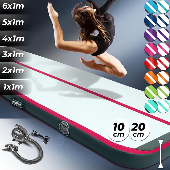 VENDOMNIA Airtrack Matte - Надувний гімнастичний килимок Airtrack, 10/20 см заввишки, з електричним насосом та сумкою. Довжина: 1/2/3/4/5/6/7/8 м. Підходить для гімнастики, акробатики, йоги, фітнесу та тренувань. Рожевий колір, 200*100x20 см