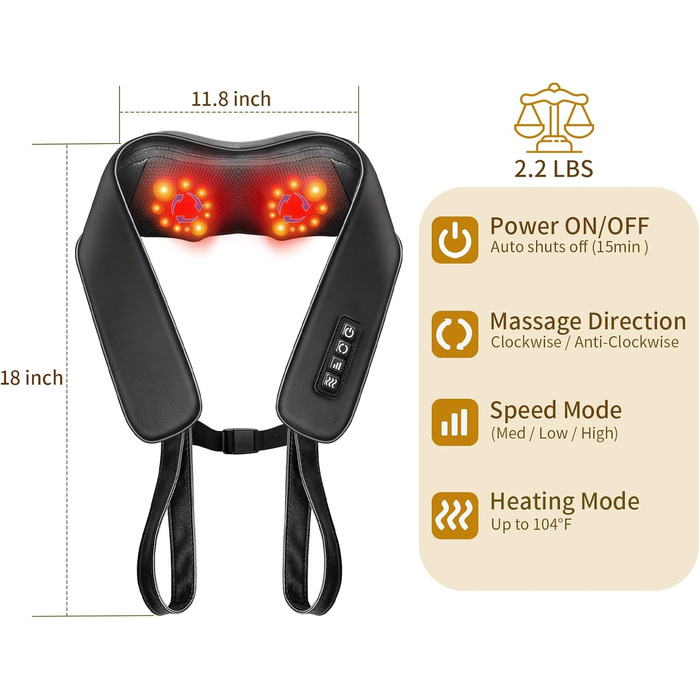 Масажер для шиї TISSCARE Shiatsu з підігрівом - електричний масажер для шиї, спини, плечей, ніг та ступнів. Глибокий масаж для розслаблення. Подарунок для батьків та партнерів, чорний