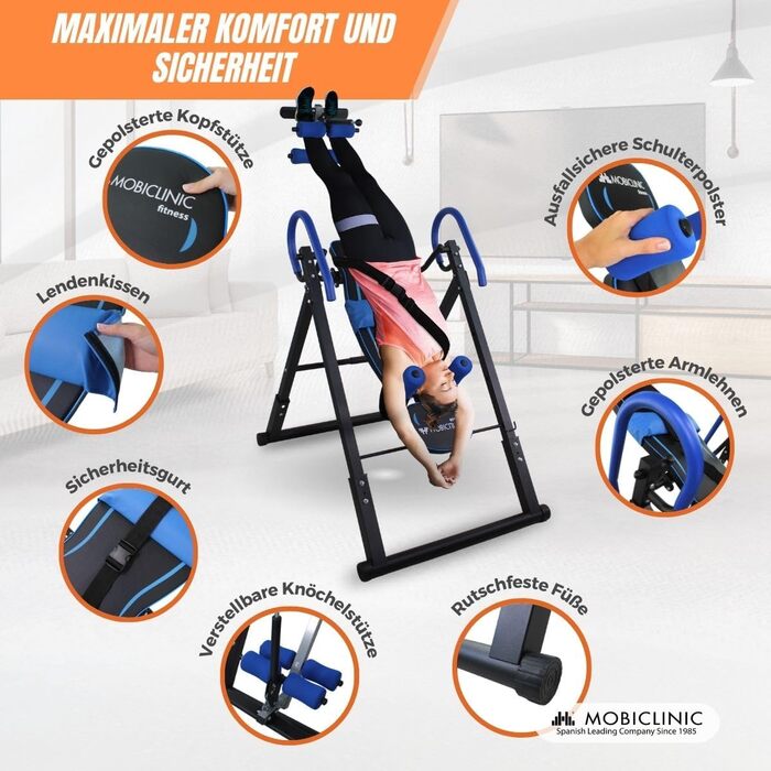 Інверсійний стіл Mobiclinic Fitness, складаний, сталевий, з регулюванням нахилу до 180°, до 120 кг, з подушкою для попереку та підголівником, 4 системи безпеки, для розтяжки та вправ на прес