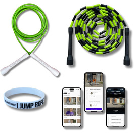 Набір скакалок Elevate Rope: 2 шт. регульовані, з додатком для тренувань. Підходить для дорослих та дітей. Швидкісні та з перлинками. Для занять в приміщенні та на вулиці. Колір: зелений