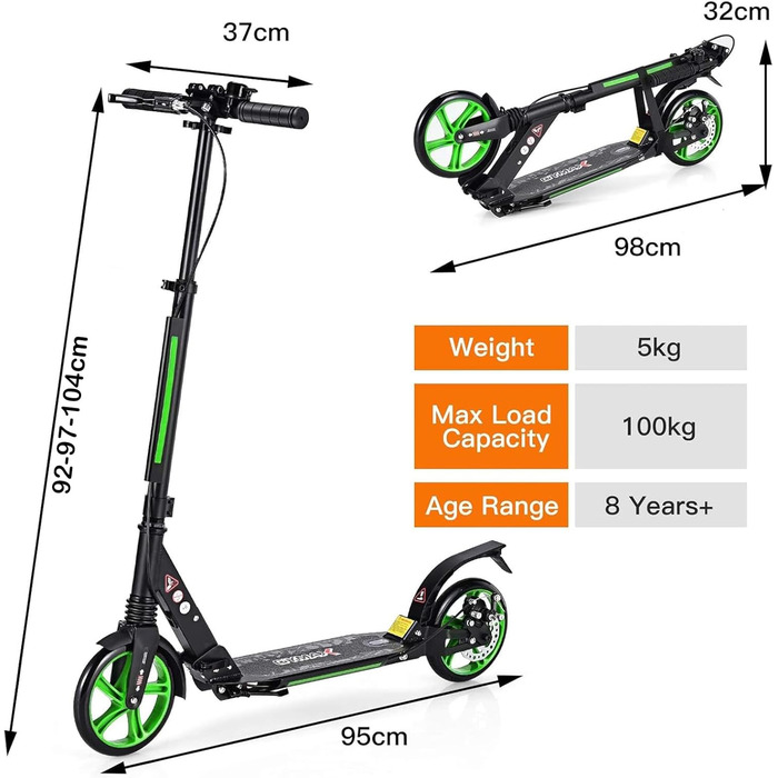 GOPLUS Roller Kinder 8 Jahre: Трюковий самокат для дітей та дорослих, 8 років, з регулюванням висоти, складний, з гальмом та ременем (Зелений)