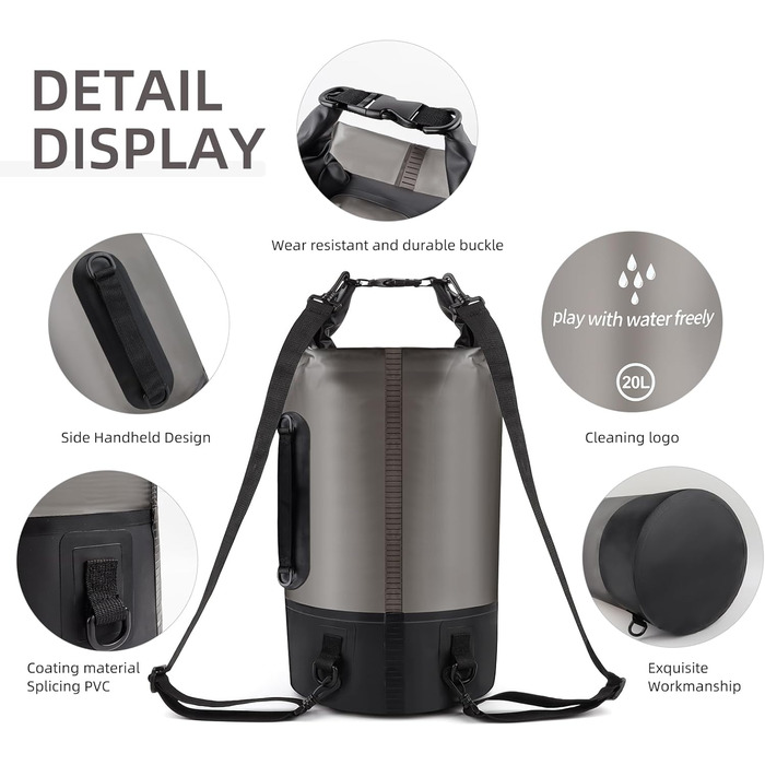 Водонепроникний мішок Drysack 20 л Roll-Top з кишенею для телефону – для каякінгу, човнів, походів, рафтингу, плавання, кемпінгу та риболовлі (Чорний)