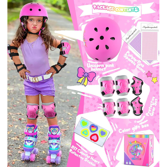 Дитячий шолом Einhorn для дівчаток з наколінниками. Захист для роликів, скейтборду, самокату та велосипеда. Розмір S (3-6 років). Рожевий колір.