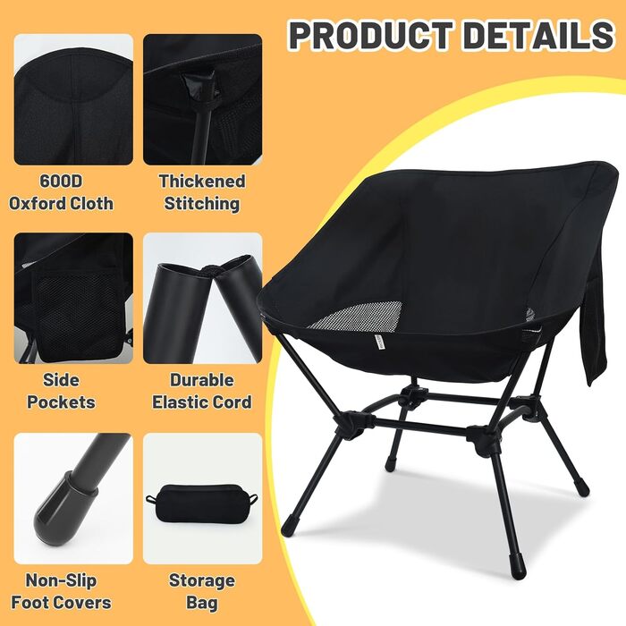Складний туристичний стільчик для кемпінгу, Ultraleicht, регульована висота, з кишенями, компактний, для пікніків, риболовлі, саду, походів, спорту, відпочинку на природі, чорний