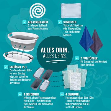 Зручна складана ванна для дорослих 147x74x60 см – комплект з аксесуарами для теплої та холодної ванни, портативна, для дому та відпочинку на природі, чорно-біла, MelodieGesund