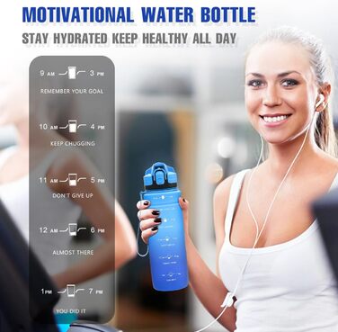 Спортивна пляшка для води Tritan 1л/500мл/700мл/1500мл, BPA-free, з маркуванням часу, витокозахисна, для фітнесу, велосипеда, відпочинку, йоги, спортзалу, школи (темно-зелений, темно-синій, світло-блакитний, блакитний)