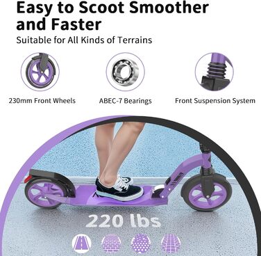 Дитячий самокат Beeliv Roller Kinder з великим колесом 230 мм, LED-підсвітка, регульована висота, ремінь, складаний, для дітей, підлітків, дорослих (фіолетовий)