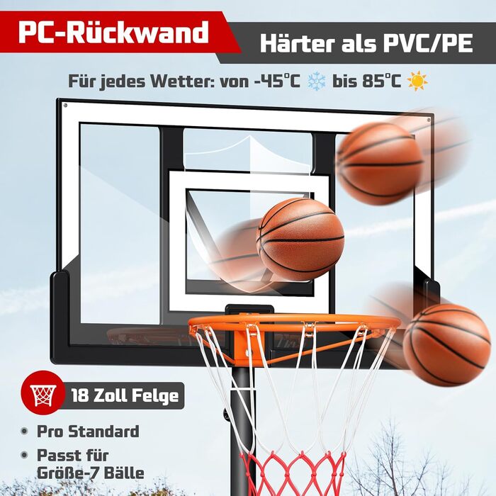 Баскетбольне кільце вуличне з підставкою, регульована висота 100-305 см, міцна задня дошка, сітка для дітей та дорослих