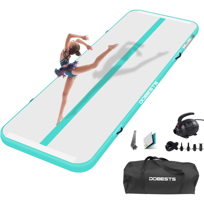 Гімнастичний мат DOBESTS Airtrack 600x100x10 см, зелений, з насосом і сумкою, надувний мат для дому, спортзалу, йоги, фітнесу, тумблінгу, висота 10/20 см, довжина 2-8 м