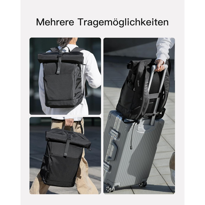 Рюкзак Inateck RollTop 25-30 л з відділенням для взуття, для ноутбука 17'' для чоловіків і жінок, чорний
