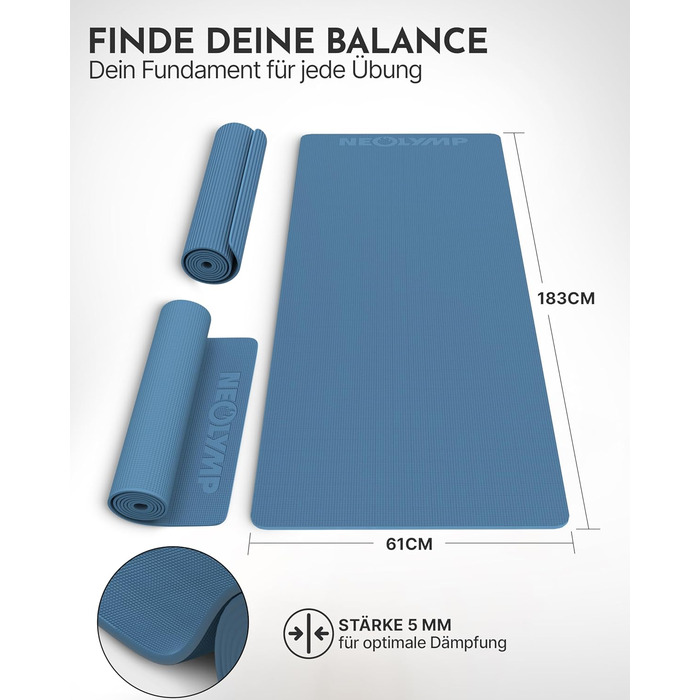 Килимок для йоги NEOLYMP – неслизький, захищає суглоби – 183x61 см – для дому, фітнесу, йоги, пілатесу – з інструкцією (Indigoblau)