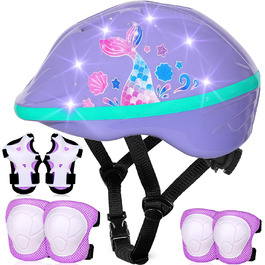 Дитячий шолом та захист для велосипеда/скейтборда, 3-8 років, дівчинка, LED-ліхтарики, регульовані наколінники та налокітники, комплект, фіолетовий, русалка