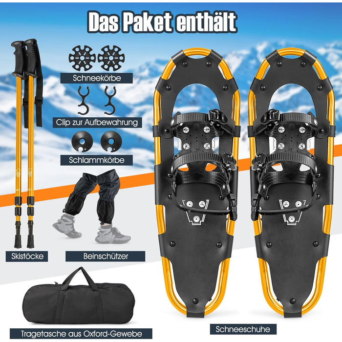 Снігоступи GYMAX 63 см з алюмінію, розмір 35-45, з підйомником, 2 палиці та сумка, комплект снігоходів для чоловіків та жінок, золотий