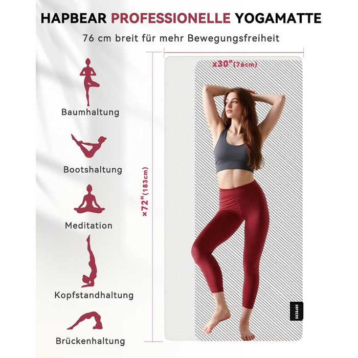 Йога мат TPE HAPBEAR XXL 183x76x5 мм - неслизька, для фітнесу, з резинками та сумкою