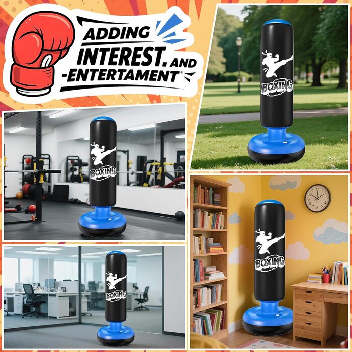 Дитячий боксерський мішок Ninonly з рукавичками, 160 см, посилений PVC, для карате, таеквондо, чорний та синій